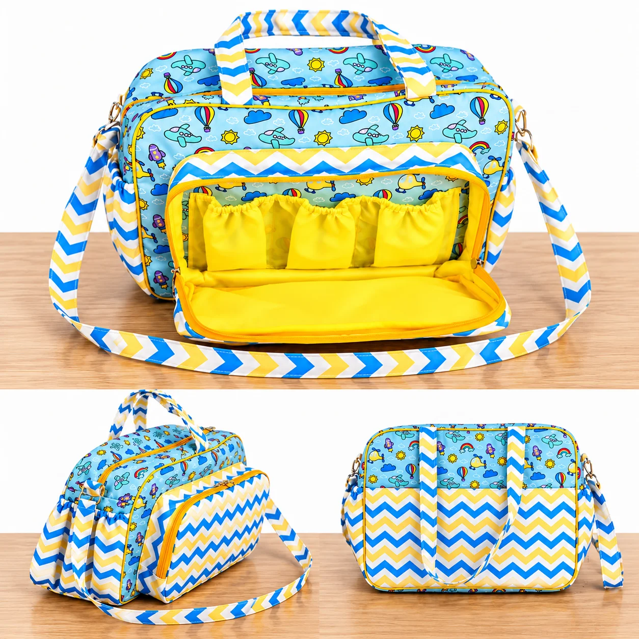 Colorful Cartoon Diaper Bag Product Collage
